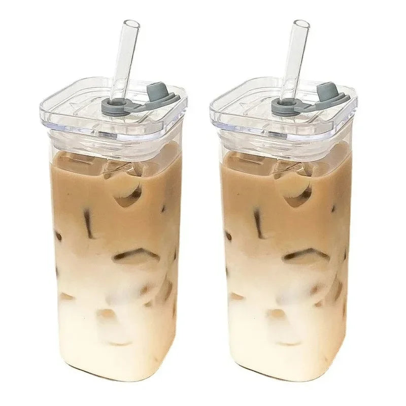 1pcs Cuadrado Resistente al Calor Copa de café de vidrio con Lid y Paja – Leche Transparente, Taza de Té y Jugo para el Hogar o Bar Drinkware