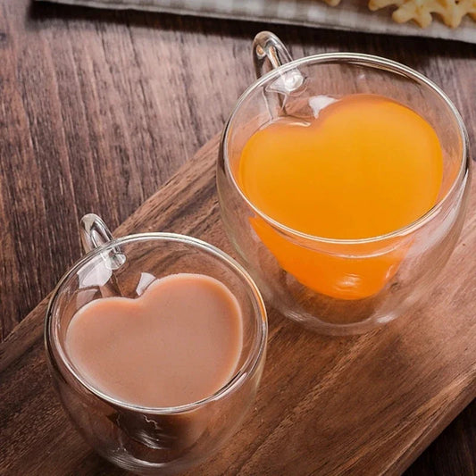 1/2pcs Copas de vidrio de doble capa con forma de corazón – tazas de café y té aisladas con mango para café con leche, capuchino, leche