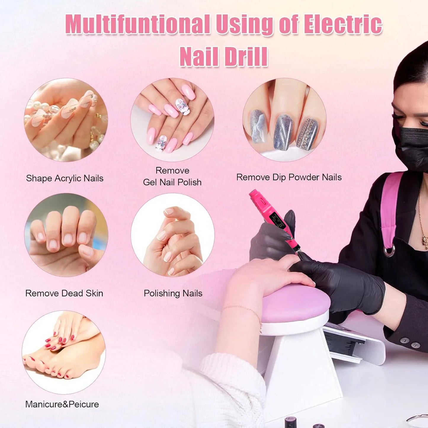 Máquina de perforación de uñas eléctrica profesional portátil – Juego de perforación de manicura y pedicura para uso en el hogar y en el salón