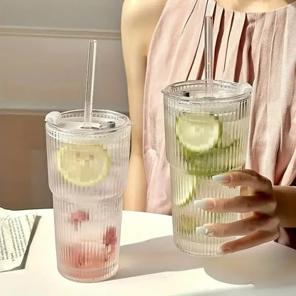 1/2pcs 600ml Copa de vidrio de rayas con Lid y paja – Jugo transparente, agua y café helado