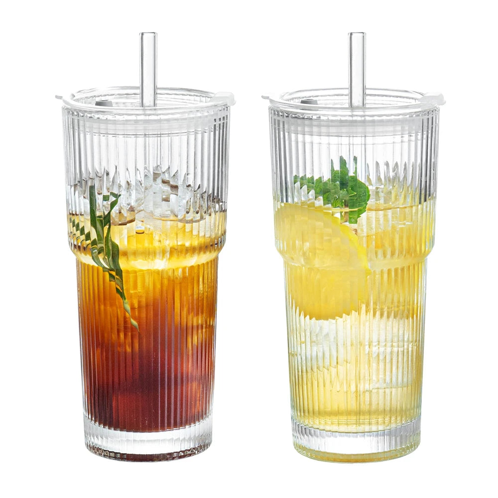 1/2pcs 600ml Copa de vidrio de rayas con Lid y paja – Jugo transparente, agua y café helado