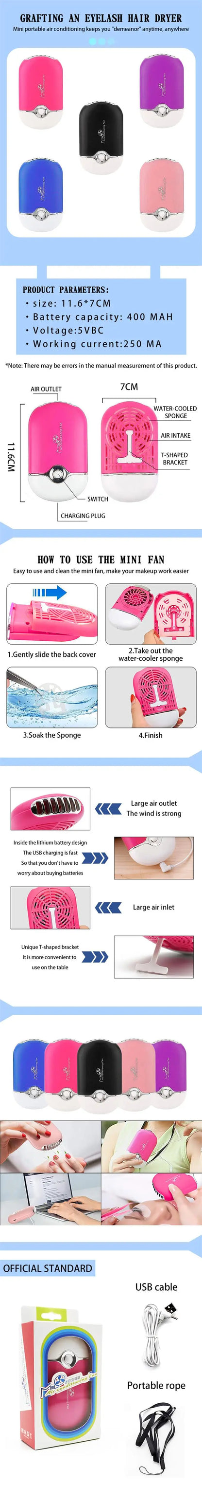 MASSA Mini ventilador de pestañas USB – Secador de cola rápida, Herramienta de extensión de pestañas para el maquillaje profesional