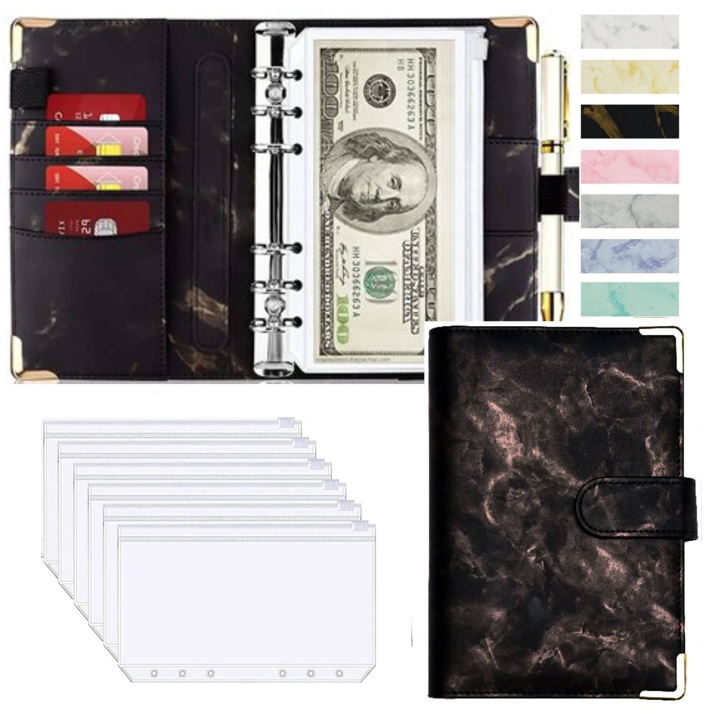 A6 PU Cuero Planificador de Presupuesto – Marble Notebook & Money Saving Organizator for Office, School & Personal Finance