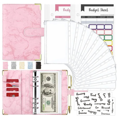 A6 PU Cuero Planificador de Presupuesto – Marble Notebook & Money Saving Organizator for Office, School & Personal Finance