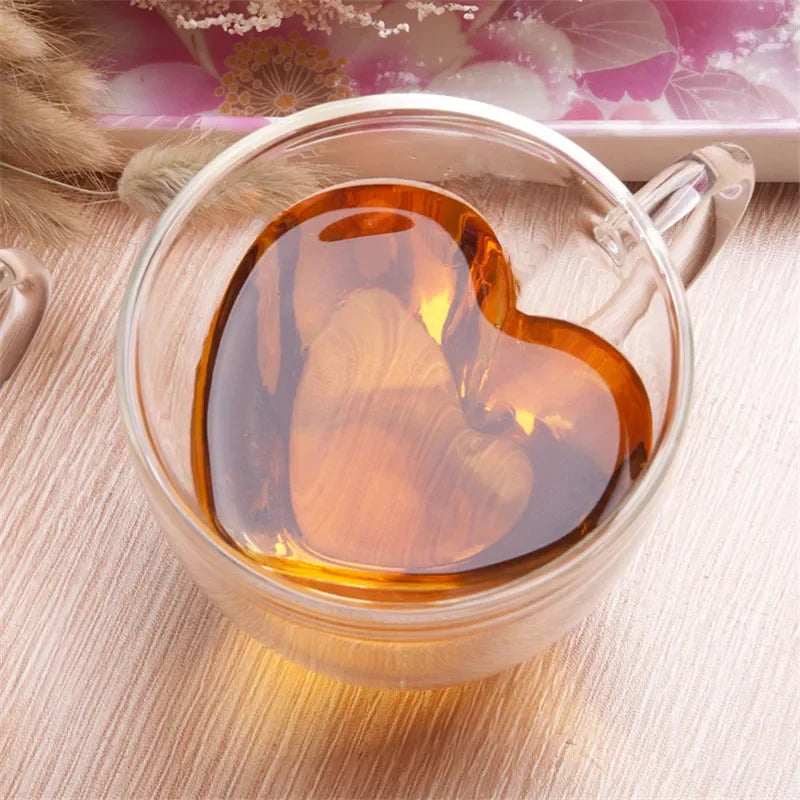1/2pcs Copas de vidrio de doble capa con forma de corazón – tazas de café y té aisladas con mango para café con leche, capuchino, leche