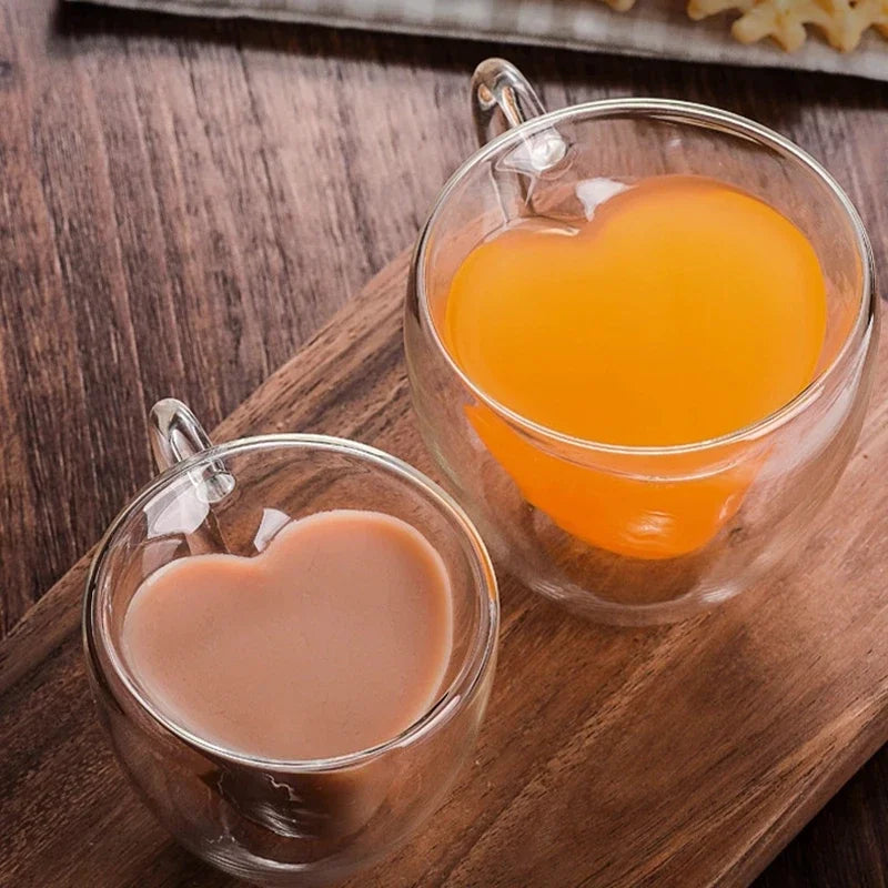 1/2pcs Copas de vidrio de doble capa con forma de corazón – tazas de café y té aisladas con mango para café con leche, capuchino, leche