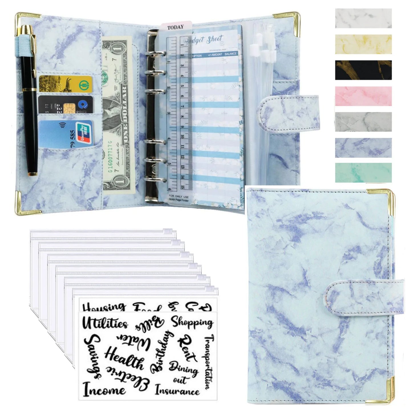 A6 PU Cuero Planificador de Presupuesto – Marble Notebook & Money Saving Organizator for Office, School & Personal Finance