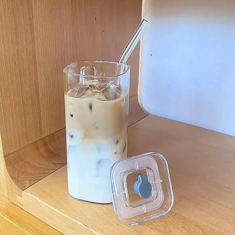 1pcs Cuadrado Resistente al Calor Copa de café de vidrio con Lid y Paja – Leche Transparente, Taza de Té y Jugo para el Hogar o Bar Drinkware
