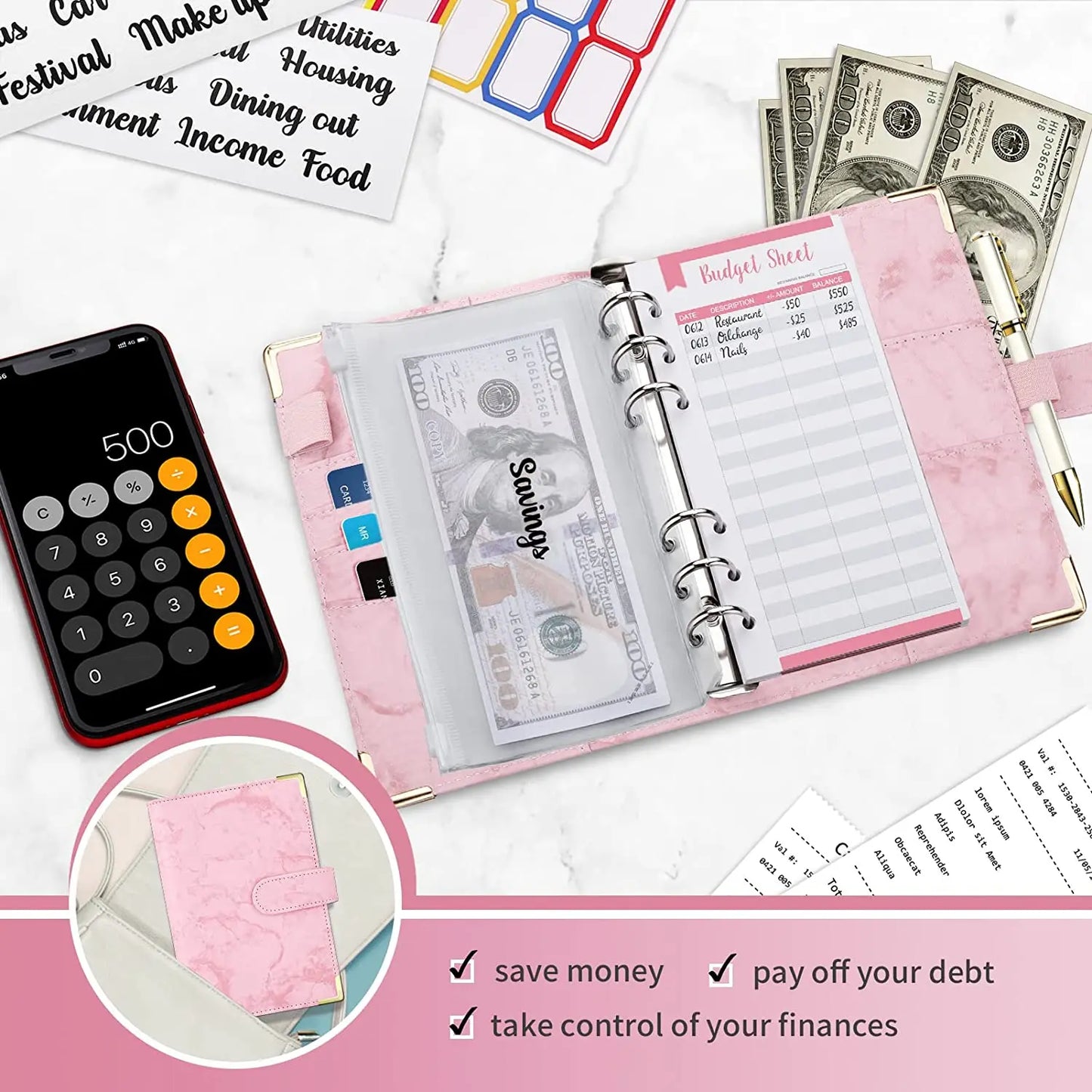 A6 PU Cuero Planificador de Presupuesto – Marble Notebook & Money Saving Organizator for Office, School & Personal Finance