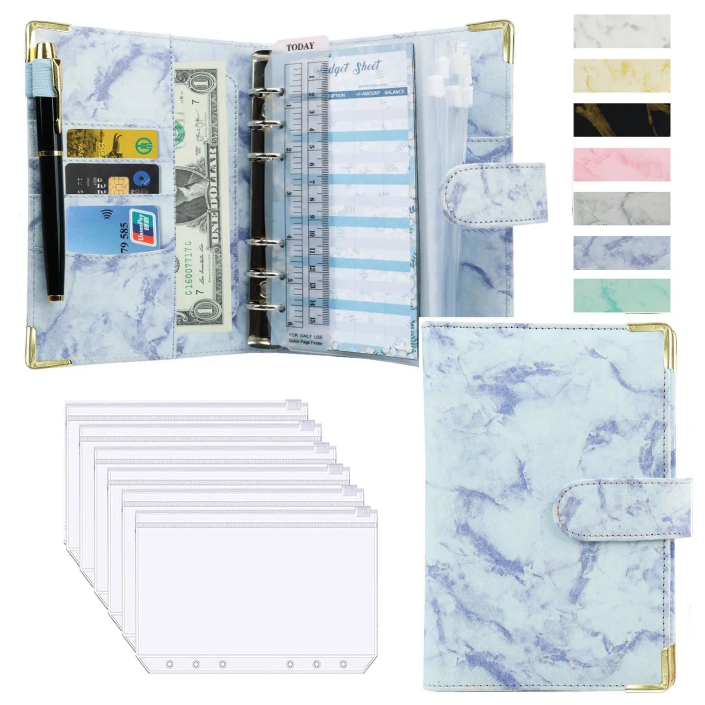 A6 PU Cuero Planificador de Presupuesto – Marble Notebook & Money Saving Organizator for Office, School & Personal Finance