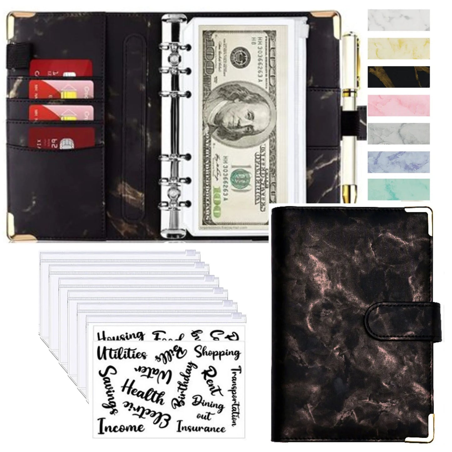 A6 PU Cuero Planificador de Presupuesto – Marble Notebook & Money Saving Organizator for Office, School & Personal Finance