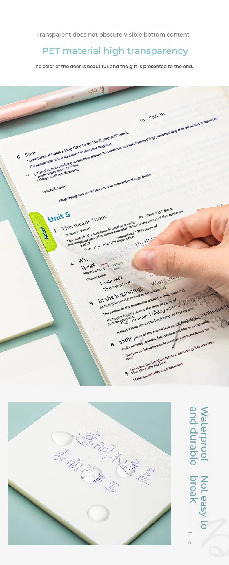 50 hojas notas adhesivas transparentes – Mensaje impermeable y pegatinas de firma para cuadernos de notas