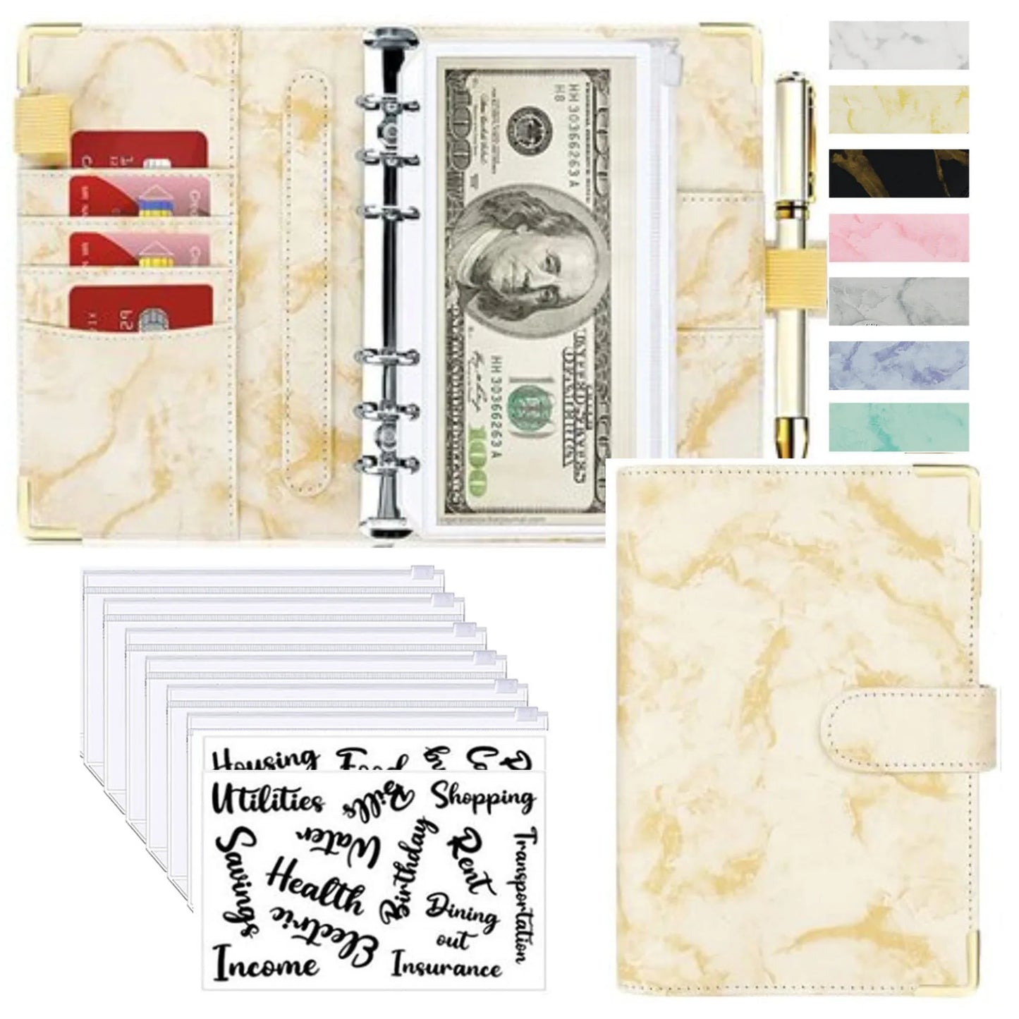 A6 PU Cuero Planificador de Presupuesto – Marble Notebook & Money Saving Organizator for Office, School & Personal Finance