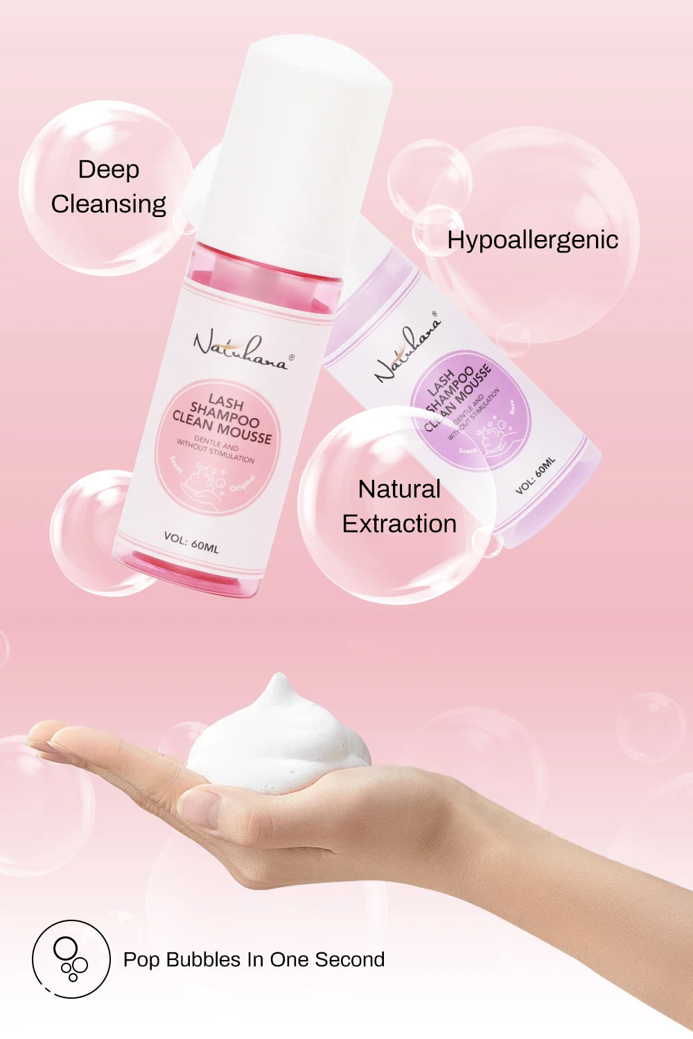 Natuhana 60ml extensión de pestaña Mousse Shampoo – espuma de limpieza para pestañas falsas, suave y no irritante herramienta de maquillaje