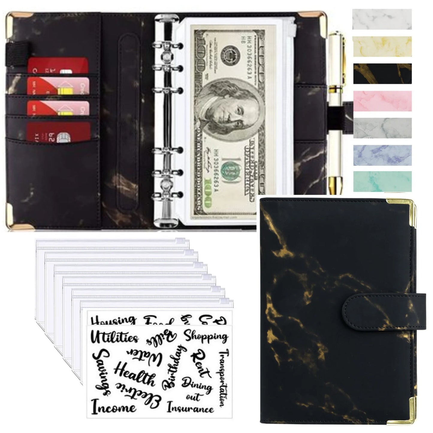 A6 PU Cuero Planificador de Presupuesto – Marble Notebook & Money Saving Organizator for Office, School & Personal Finance
