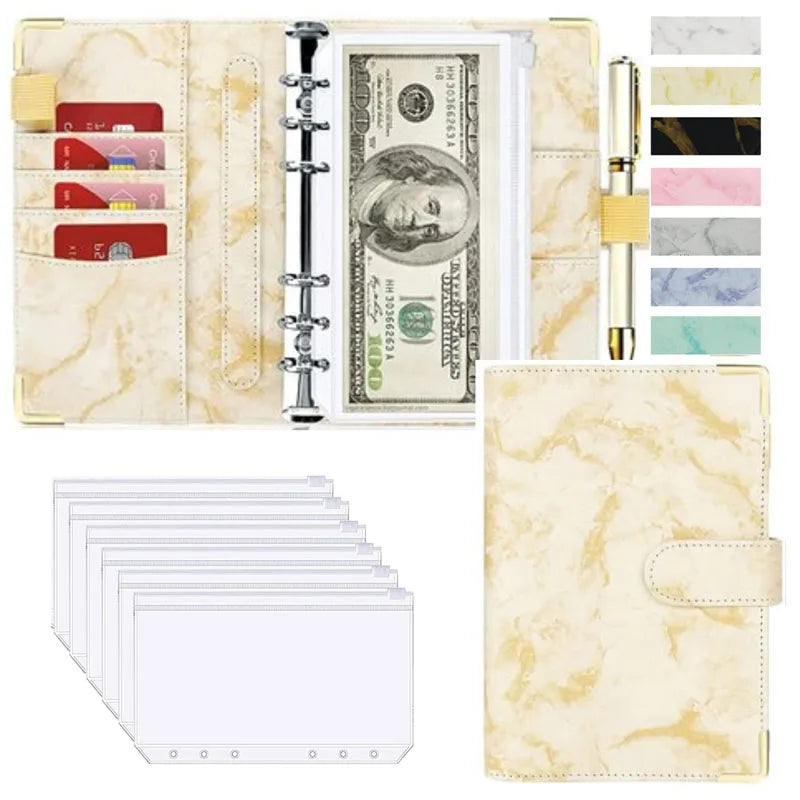 A6 PU Cuero Planificador de Presupuesto – Marble Notebook & Money Saving Organizator for Office, School & Personal Finance