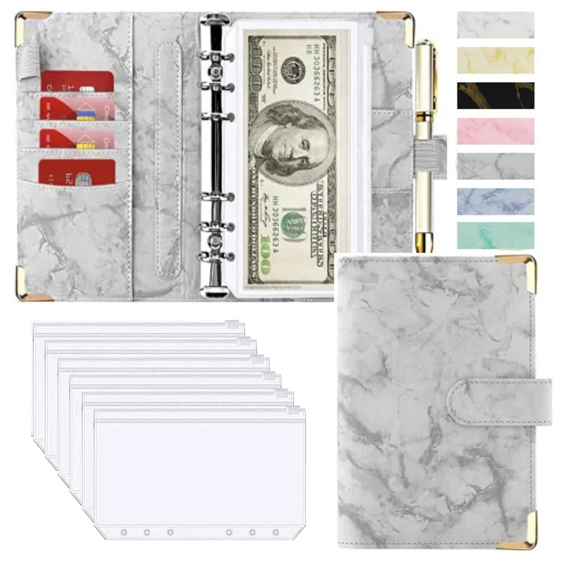 A6 PU Cuero Planificador de Presupuesto – Marble Notebook & Money Saving Organizator for Office, School & Personal Finance