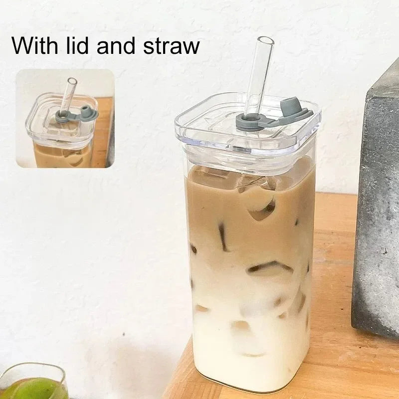1pcs Cuadrado Resistente al Calor Copa de café de vidrio con Lid y Paja – Leche Transparente, Taza de Té y Jugo para el Hogar o Bar Drinkware