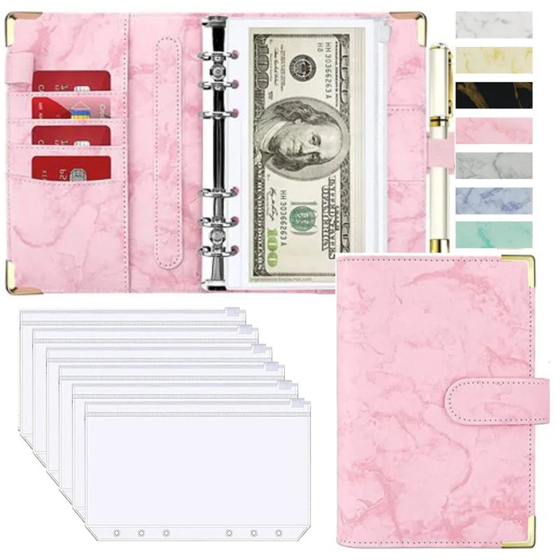 A6 PU Cuero Planificador de Presupuesto – Marble Notebook & Money Saving Organizator for Office, School & Personal Finance