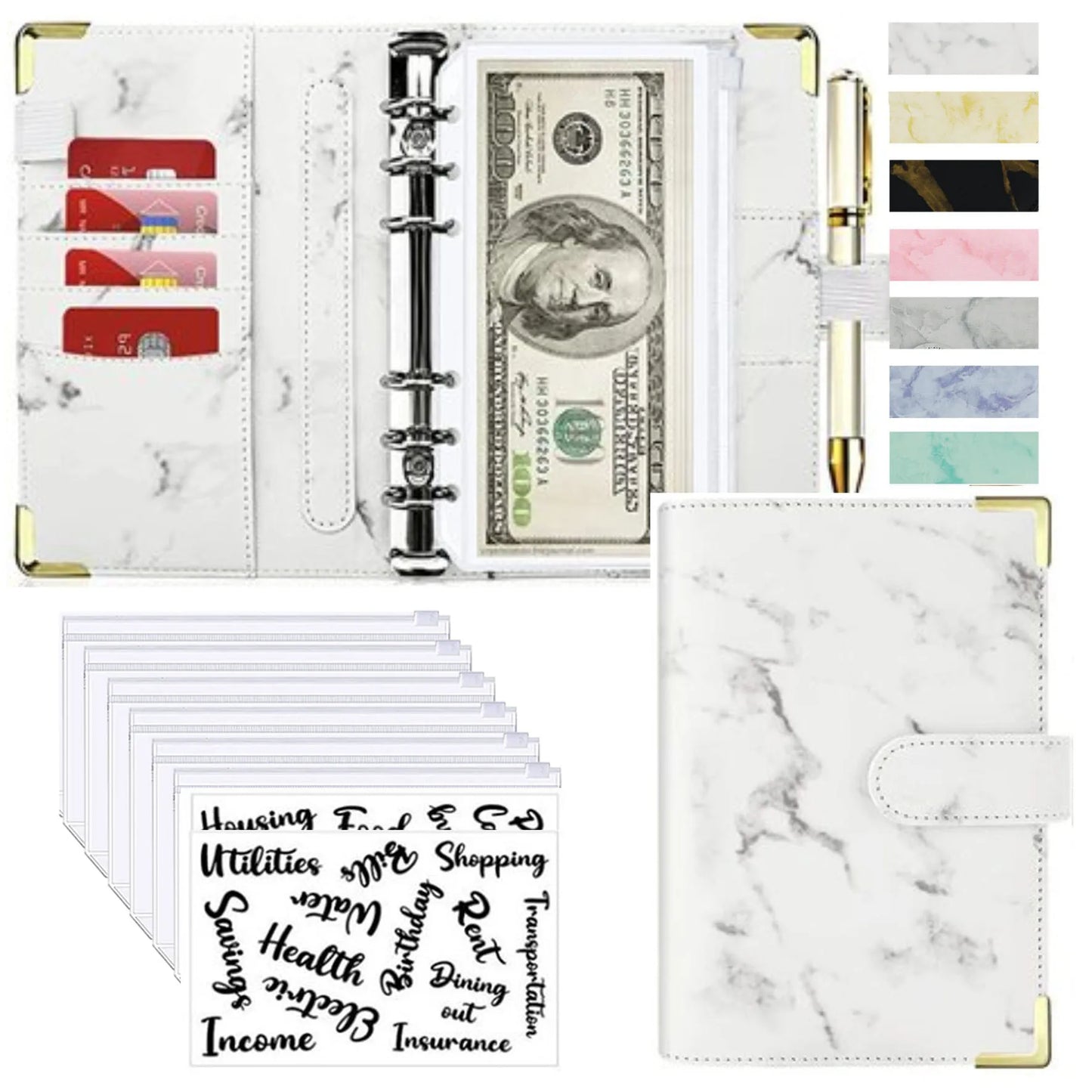A6 PU Cuero Planificador de Presupuesto – Marble Notebook & Money Saving Organizator for Office, School & Personal Finance