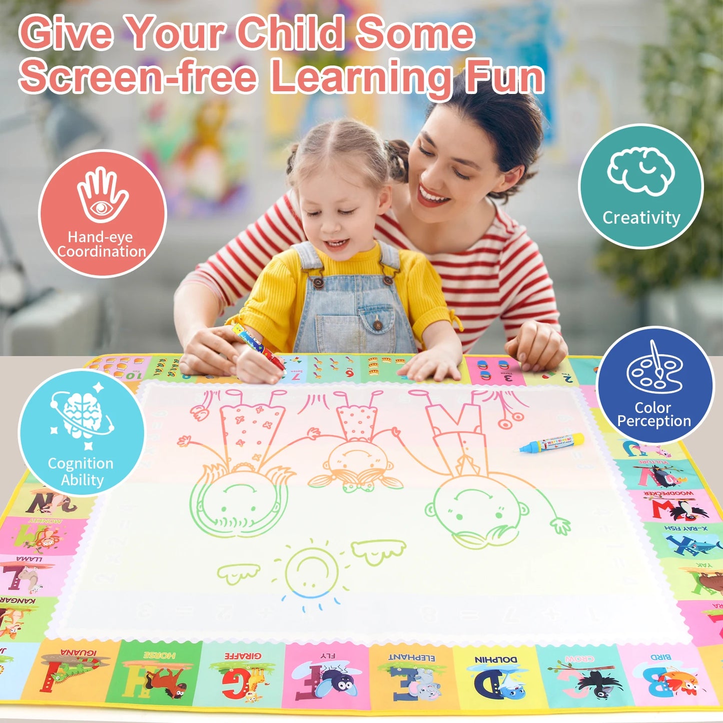 100x80CM Montessori Magic Drawing Board – Reutilizable agua Doodle Mat para niños Educación Art & Pen Control Formación
