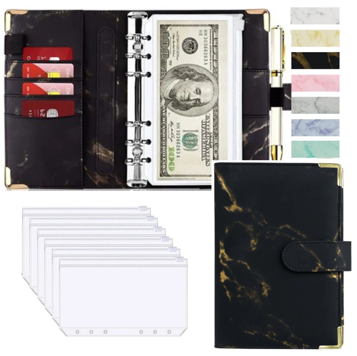A6 PU Cuero Planificador de Presupuesto – Marble Notebook & Money Saving Organizator for Office, School & Personal Finance