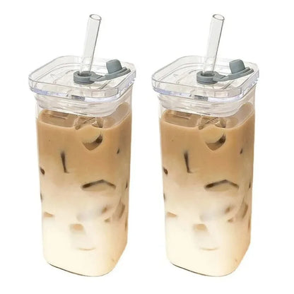 1pcs Cuadrado Resistente al Calor Copa de café de vidrio con Lid y Paja – Leche Transparente, Taza de Té y Jugo para el Hogar o Bar Drinkware